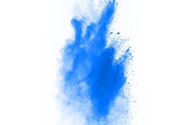 Beyaz arka planda mavi renkli toz patlaması. Renkli bulut. Renkli toz patlar. Boya Holi.