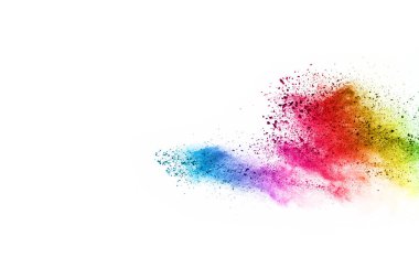 Soyut barut sıçramış arka plan. Beyaz arka planda renkli barut patlaması. Renkli bulut. Renkli toz patlar. Boya Holi.