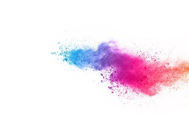 Soyut barut sıçramış arka plan. Beyaz arka planda renkli barut patlaması. Renkli bulut. Renkli toz patlar. Boya Holi.