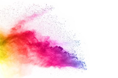 Soyut barut sıçramış arka plan. Beyaz arka planda renkli barut patlaması. Renkli bulut. Renkli toz patlar. Boya Holi.