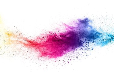 Soyut barut sıçramış arka plan. Beyaz arka planda renkli barut patlaması. Renkli bulut. Renkli toz patlar. Boya Holi.