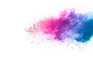 Soyut barut sıçramış arka plan. Beyaz arka planda renkli barut patlaması. Renkli bulut. Renkli toz patlar. Boya Holi.