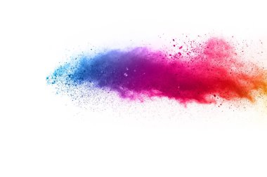Soyut barut sıçramış arka plan. Beyaz arka planda renkli barut patlaması. Renkli bulut. Renkli toz patlar. Boya Holi.