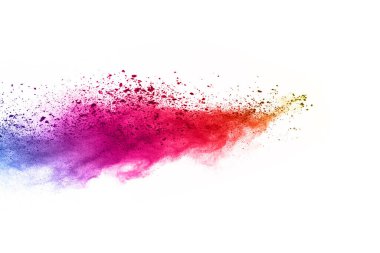 Soyut barut sıçramış arka plan. Beyaz arka planda renkli barut patlaması. Renkli bulut. Renkli toz patlar. Boya Holi.