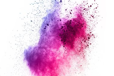 Soyut barut sıçramış arka plan. Beyaz arka planda renkli barut patlaması. Renkli bulut. Renkli toz patlar. Boya Holi.