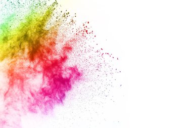 Soyut barut sıçramış arka plan. Beyaz arka planda renkli barut patlaması. Renkli bulut. Renkli toz patlar. Boya Holi.