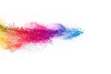 Soyut barut sıçramış arka plan. Beyaz arka planda renkli barut patlaması. Renkli bulut. Renkli toz patlar. Boya Holi.