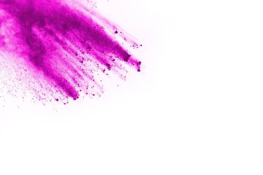 Barut patlaması. Mor toz parçacığının beyaza izole edilmiş görüntüsü. Soyut arkaplan.