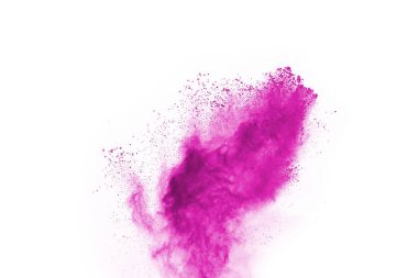 Soyut pembe toz sıçramış arkaplan, patlayan renk tozunun hareketsiz hareketi / renk pudrası, beyaz arkaplanda renk parıltısı dokusu.