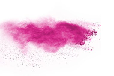 Soyut pembe toz sıçramış arkaplan, patlayan renk tozunun hareketsiz hareketi / renk pudrası, beyaz arkaplanda renk parıltısı dokusu.