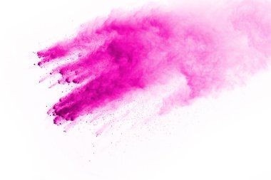 Soyut pembe toz sıçramış arkaplan, patlayan renk tozunun hareketsiz hareketi / renk pudrası, beyaz arkaplanda renk parıltısı dokusu.
