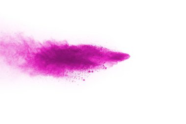 Barut patlaması. Mor toz parçacığının beyaza izole edilmiş görüntüsü. Soyut arkaplan.