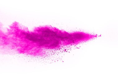 Soyut pembe toz sıçramış arkaplan, patlayan renk tozunun hareketsiz hareketi / renk pudrası, beyaz arkaplanda renk parıltısı dokusu.