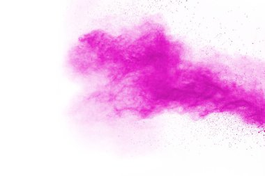 Barut patlaması. Mor toz parçacığının beyaza izole edilmiş görüntüsü. Soyut arkaplan.
