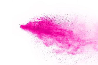 Soyut pembe toz sıçramış arkaplan, patlayan renk tozunun hareketsiz hareketi / renk pudrası, beyaz arkaplanda renk parıltısı dokusu.