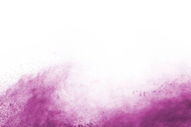 Barut patlaması. Mor toz parçacığının beyaza izole edilmiş görüntüsü. Soyut arkaplan.