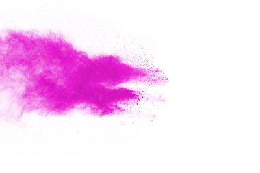 Soyut pembe toz sıçramış arkaplan, patlayan renk tozunun hareketsiz hareketi / renk pudrası, beyaz arkaplanda renk parıltısı dokusu.