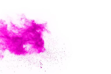 Soyut pembe toz sıçramış arkaplan, patlayan renk tozunun hareketsiz hareketi / renk pudrası, beyaz arkaplanda renk parıltısı dokusu.