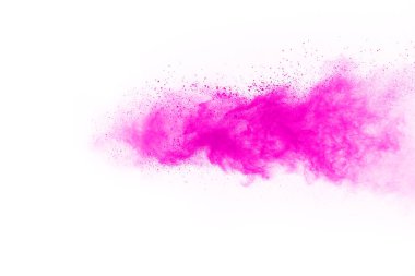 Soyut pembe toz sıçramış arkaplan, patlayan renk tozunun hareketsiz hareketi / renk pudrası, beyaz arkaplanda renk parıltısı dokusu.