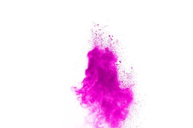 Soyut pembe toz sıçramış arkaplan, patlayan renk tozunun hareketsiz hareketi / renk pudrası, beyaz arkaplanda renk parıltısı dokusu.