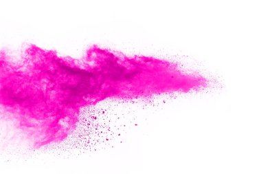 Soyut pembe toz sıçramış arkaplan, patlayan renk tozunun hareketsiz hareketi / renk pudrası, beyaz arkaplanda renk parıltısı dokusu.