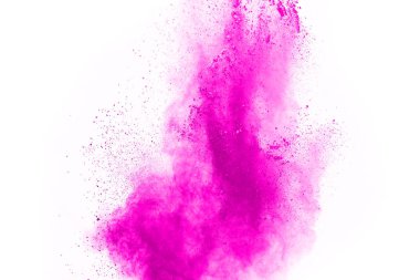 Soyut pembe toz sıçramış arkaplan, patlayan renk tozunun hareketsiz hareketi / renk pudrası, beyaz arkaplanda renk parıltısı dokusu.