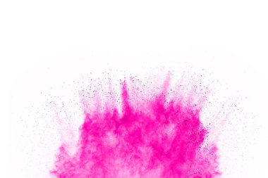 Soyut pembe toz sıçramış arkaplan, patlayan renk tozunun hareketsiz hareketi / renk pudrası, beyaz arkaplanda renk parıltısı dokusu.