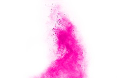 Soyut pembe toz sıçramış arkaplan, patlayan renk tozunun hareketsiz hareketi / renk pudrası, beyaz arkaplanda renk parıltısı dokusu.