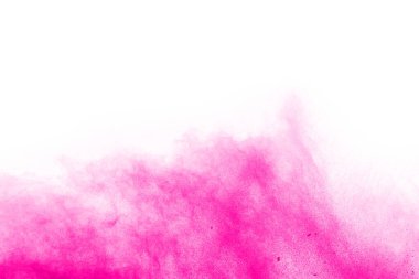 Soyut pembe toz sıçramış arkaplan, patlayan renk tozunun hareketsiz hareketi / renk pudrası, beyaz arkaplanda renk parıltısı dokusu.