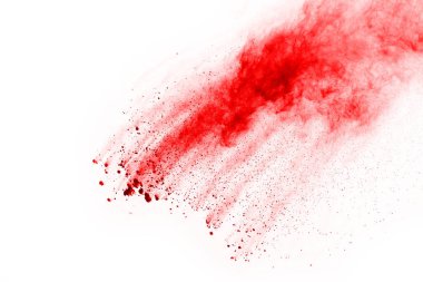 Beyaz arka planda izole edilmiş kırmızı barutun patlaması hareketsiz. Kırmızı toz bulutunun soyut tasarımı. Parçacık patlaması ekran koruyucusu, duvar kağıdı