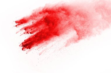 Beyaz arka planda izole edilmiş kırmızı barutun patlaması hareketsiz. Kırmızı toz bulutunun soyut tasarımı. Parçacık patlaması ekran koruyucusu, duvar kağıdı