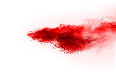 Beyaz arka planda izole edilmiş kırmızı barutun patlaması hareketsiz. Kırmızı toz bulutunun soyut tasarımı. Parçacık patlaması ekran koruyucusu, duvar kağıdı