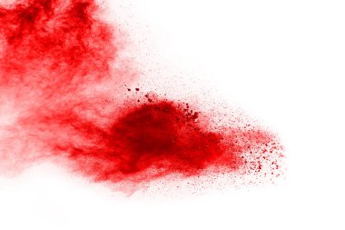 Beyaz arka planda izole edilmiş kırmızı barutun patlaması hareketsiz. Kırmızı toz bulutunun soyut tasarımı. Parçacık patlaması ekran koruyucusu, duvar kağıdı