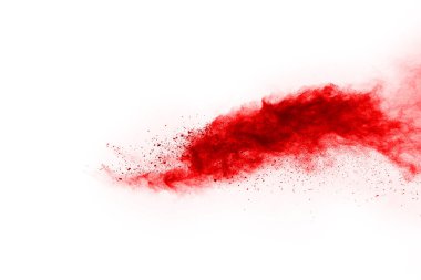 Beyaz arka planda izole edilmiş kırmızı barutun patlaması hareketsiz. Kırmızı toz bulutunun soyut tasarımı. Parçacık patlaması ekran koruyucusu, duvar kağıdı