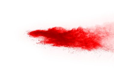 Beyaz arka planda izole edilmiş kırmızı barutun patlaması hareketsiz. Kırmızı toz bulutunun soyut tasarımı. Parçacık patlaması ekran koruyucusu, duvar kağıdı