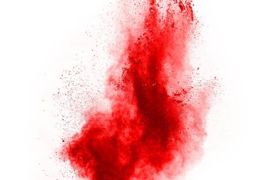 Beyaz arka planda izole edilmiş kırmızı barutun patlaması hareketsiz. Kırmızı toz bulutunun soyut tasarımı. Parçacık patlaması ekran koruyucusu, duvar kağıdı