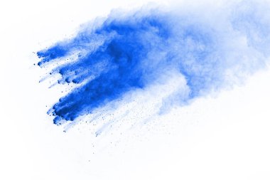 Beyaz arka planda mavi renkli toz patlaması. Renkli bulut. Renkli toz patlar. Boya Holi.