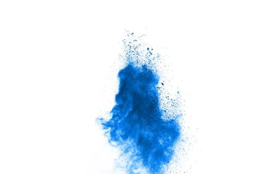 Beyaz arka planda mavi renkli toz patlaması. Renkli bulut. Renkli toz patlar. Boya Holi.