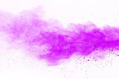 Barut patlaması. Mor toz parçacığının beyaza izole edilmiş görüntüsü. Soyut arkaplan.