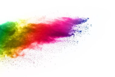 Soyut barut sıçramış arka plan. Beyaz arka planda renkli barut patlaması. Renkli bulut. Renkli toz patlar. Boya Holi.