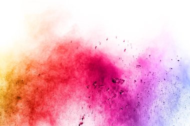 Soyut barut sıçramış arka plan. Beyaz arka planda renkli barut patlaması. Renkli bulut. Renkli toz patlar. Boya Holi.