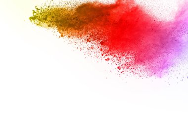 Soyut barut sıçramış arka plan. Beyaz arka planda renkli barut patlaması. Renkli bulut. Renkli toz patlar. Boya Holi.