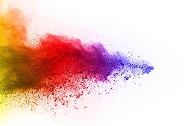 Soyut barut sıçramış arka plan. Beyaz arka planda renkli barut patlaması. Renkli bulut. Renkli toz patlar. Boya Holi.