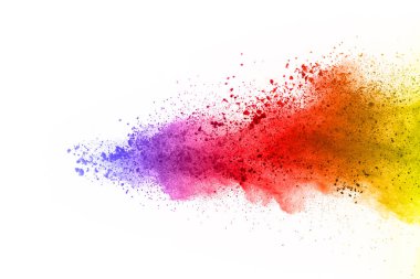 Soyut barut sıçramış arka plan. Beyaz arka planda renkli barut patlaması. Renkli bulut. Renkli toz patlar. Boya Holi.