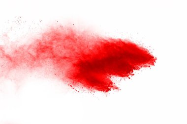 Beyaz arka planda izole edilmiş kırmızı barutun patlaması hareketsiz. Kırmızı toz bulutunun soyut tasarımı. Parçacık patlaması ekran koruyucusu, duvar kağıdı