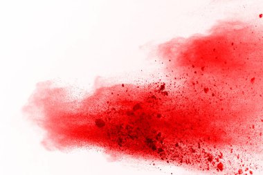 Beyaz arka planda izole edilmiş kırmızı barutun patlaması hareketsiz. Kırmızı toz bulutunun soyut tasarımı. Parçacık patlaması ekran koruyucusu, duvar kağıdı