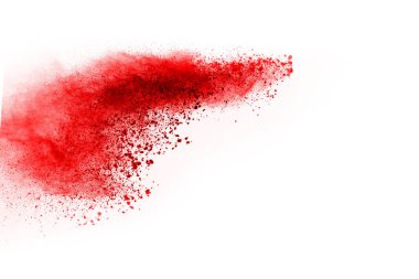 Beyaz arka planda izole edilmiş kırmızı barutun patlaması hareketsiz. Kırmızı toz bulutunun soyut tasarımı. Parçacık patlaması ekran koruyucusu, duvar kağıdı