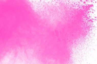 Soyut pembe toz sıçramış arkaplan, patlayan renk tozunun hareketsiz hareketi / renk pudrası, beyaz arkaplanda renk parıltısı dokusu.
