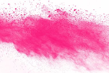 Soyut pembe toz sıçramış arkaplan, patlayan renk tozunun hareketsiz hareketi / renk pudrası, beyaz arkaplanda renk parıltısı dokusu.