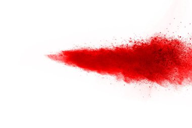 Beyaz arka planda izole edilmiş kırmızı barutun patlaması hareketsiz. Kırmızı toz bulutunun soyut tasarımı. Parçacık patlaması ekran koruyucusu, duvar kağıdı